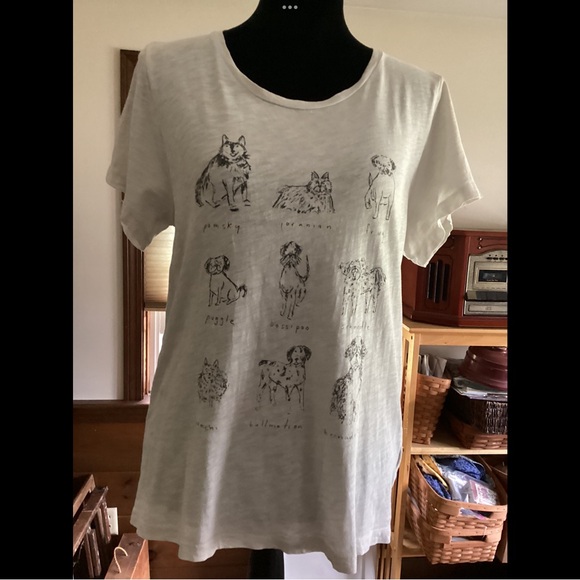 L J Crew Ivory White Cute Doggie Sketches Collectible Tee Cotton - Picture 2 of 11